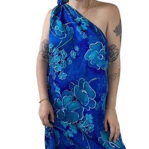 Vintage 1960's Womens Blue Floral Hawaiian Psychedelic Swimsuit Wrap Dress